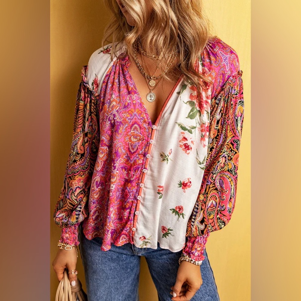 Free People NEW Pink  White Floral Paisley Blouse button new patchwork oversized